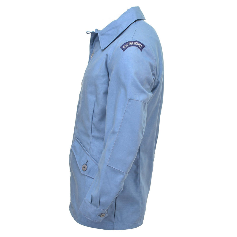 Originele Zweedse civiele verdediging uniform jas denim lichtblauw vintage nieuw