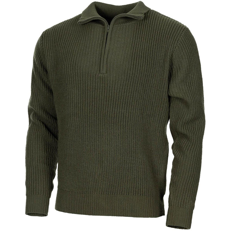 MFH -merk Troyer Style Sweater Quarter Zip Jumper Rib Gebreide Olive -pullover Nieuw