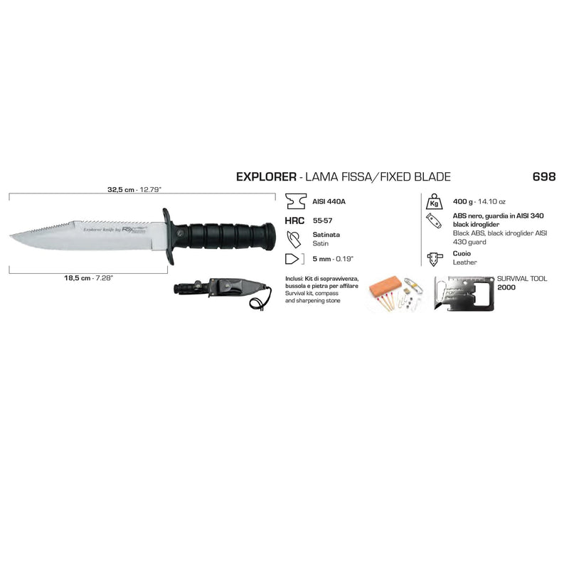 Fox Knives Militaire Explorer Fixed mes 55-57 HRC 440 Steel Blade Survival Kit