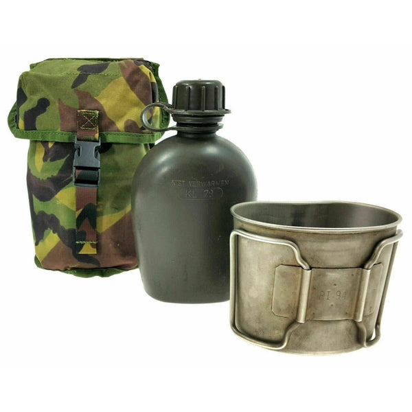 Véritable gourde de l'armée néerlandaise avec pochette et tasse en acier inoxydable camouflage DPM MOLLE