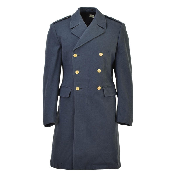 Manteau militaire suédois original en laine bleu avec boutons dorés, manteau long vintage