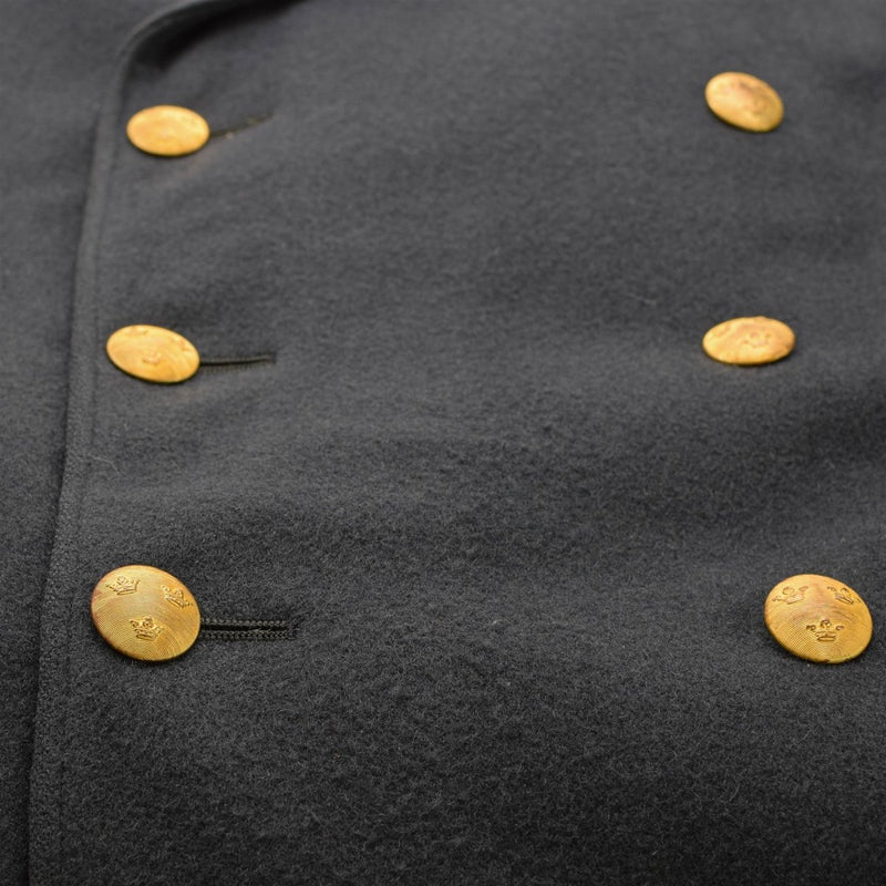 Manteau militaire suédois original en laine bleu avec boutons dorés, manteau long vintage