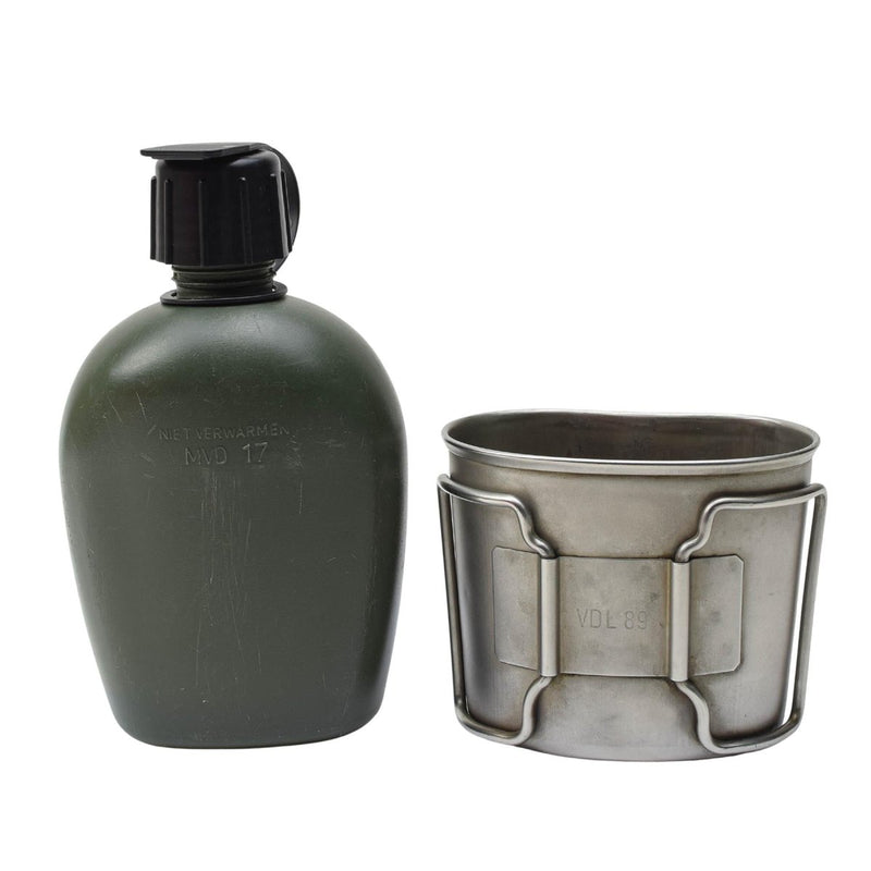 Genuine Dutch Army Canteen w pouch and stainless steel cup Lid cap Alice Clips